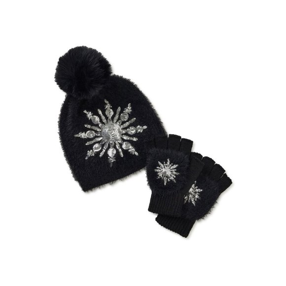 Holiday Time Women's Black Stylish Sequined Snowflake Hat and Gloves Set 2-Piece - Picture 1 of 2
